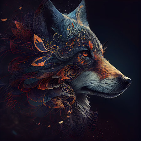 Beautiful fox head with ornament on dark background. illustration.の素材