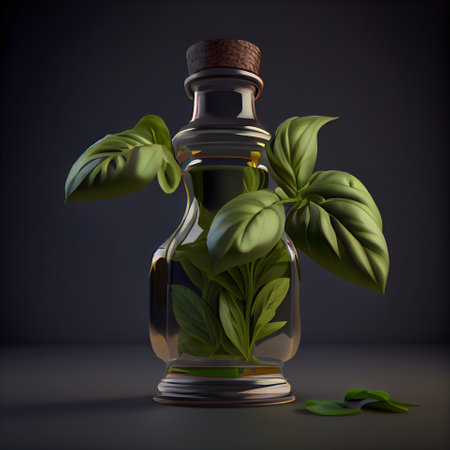 Basil oil in glass bottle on dark background. illustration.の素材