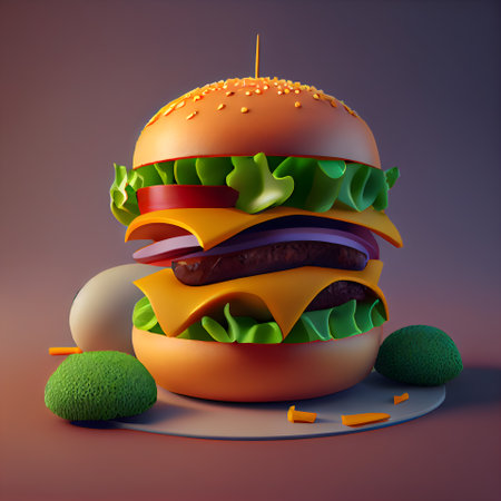 Hamburger with cheese; lettuce; tomato and cucumber. 3d illustrationの素材