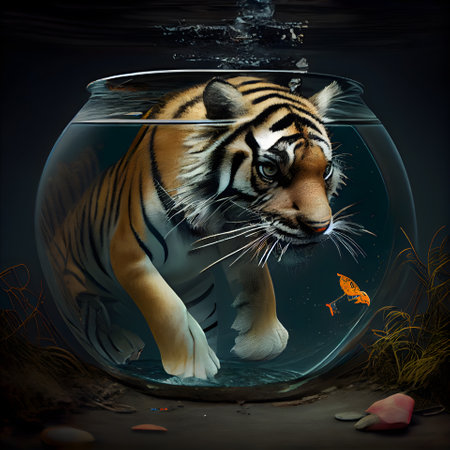 Tiger in a glass jar on a dark background. 3d renderingの素材