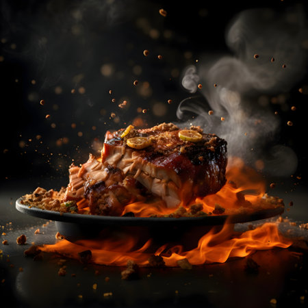 Burger with fire and flames on a black background. Copy space.の素材