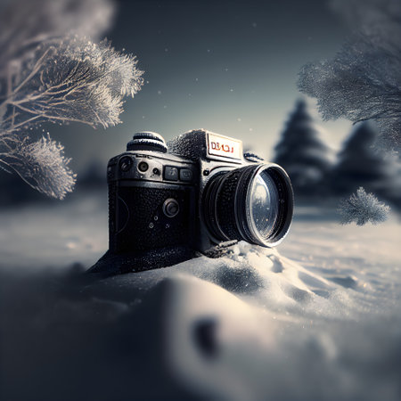 Retro camera in the winter forest. Filtered image processed vintage effect.の素材