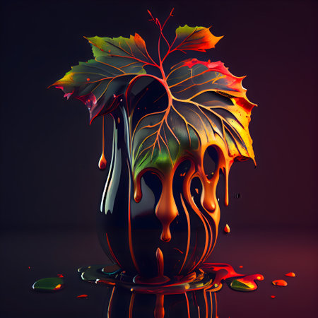 Abstract illustration with autumn leaves in a vase on a dark backgroundの素材