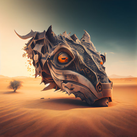 3D rendering of a fantasy dragon in the desert and the sunsetの素材