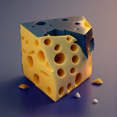 3d render of cheese cube with holes in blue and yellow colorsの素材