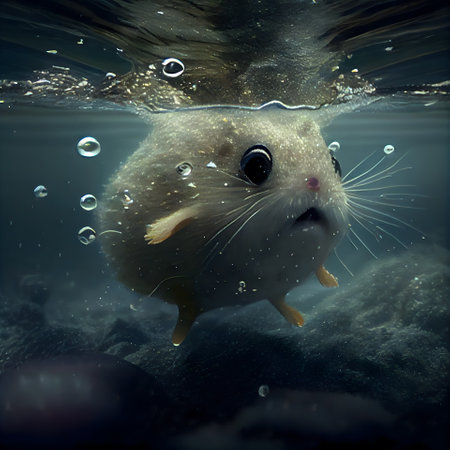 Cute little mouse swimming underwater with bubbles in the water. 3D renderingの素材