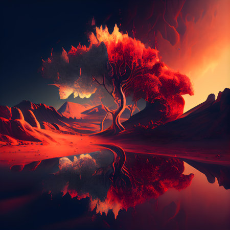 Burning trees in the desert. 3d illustration. Computer generated image.の素材