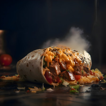 Tortilla with meat and caramel sauce on a dark background.の素材