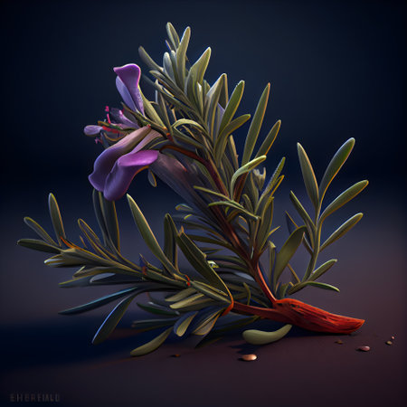 Illustration of a rosemary twig with purple flowers on a dark backgroundの素材