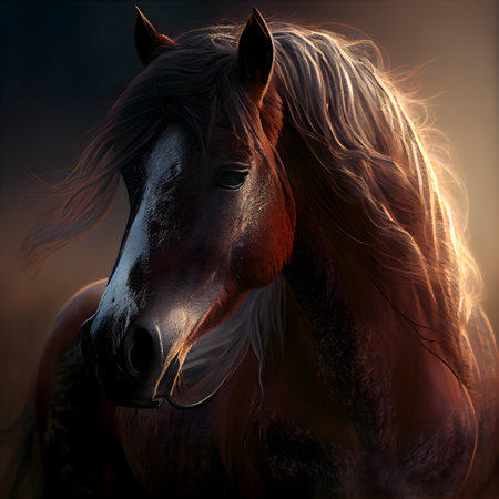 Beautiful bay horse with long mane portrait in sunset light.の素材