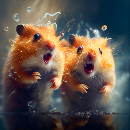 Hamsters in water on a dark background; close-up.の素材