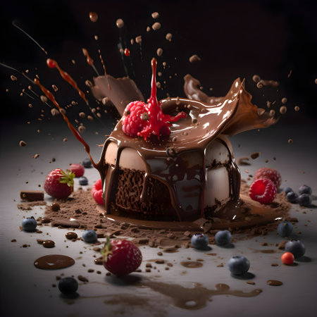 Chocolate waffle with ice cream and chocolate splashes on dark backgroundの素材