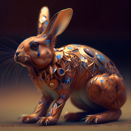 3D rendering of a hare with a blue ornament on his bodyの素材