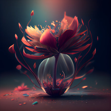 3D illustration of a flower in a vase on a dark backgroundの素材