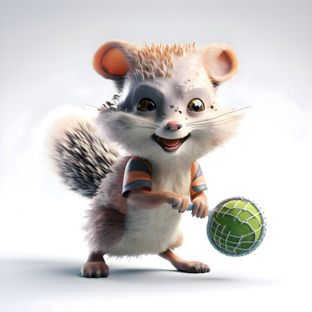 3D rendering of a cute mouse with a tennis ball isolated on white backgroundの素材