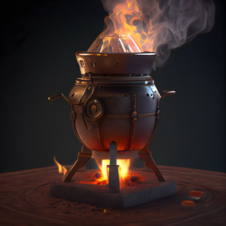 Old copper stove with fire and smoke on a dark background. 3d illustrationの素材