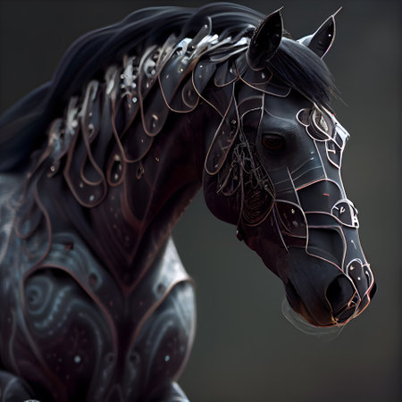 Black horse with golden patterns on the mane. 3d renderingの素材