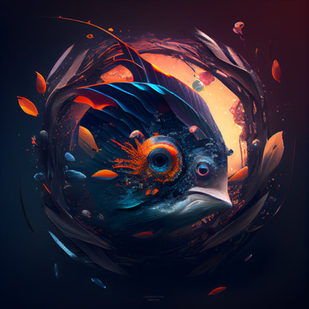3D illustration of a fish swimming in the water. Abstract background.の素材