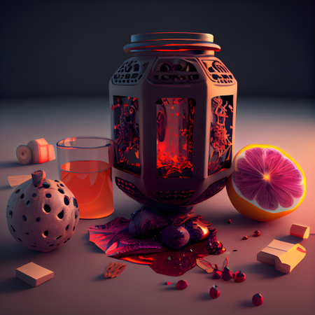 Lantern with a glass of orange juice. 3d renderingの素材