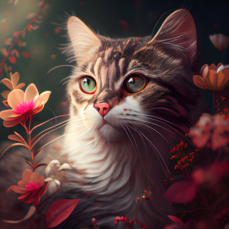 Portrait of a cat with red eyes and flowers on a dark backgroundの素材
