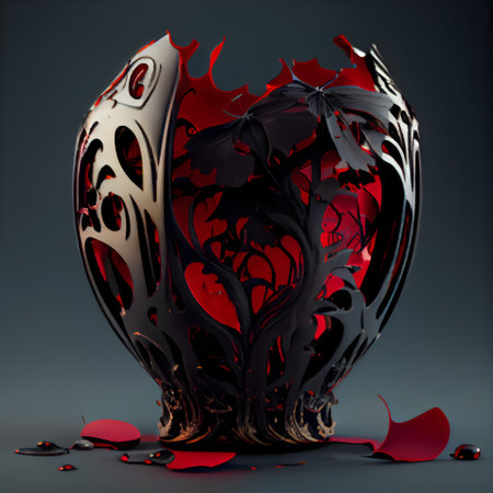 3D illustration of a heart made of metal with black and red elementsの素材