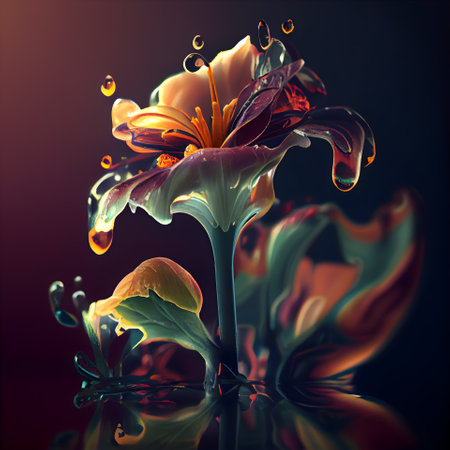 Lily flower with water drops on dark background. 3d illustrationの素材