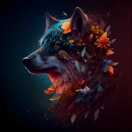 Illustration of a wolf with flowers and leaves on a dark backgroundの素材