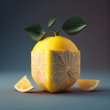 Lemon with leafs on dark background. 3D illustration.の素材