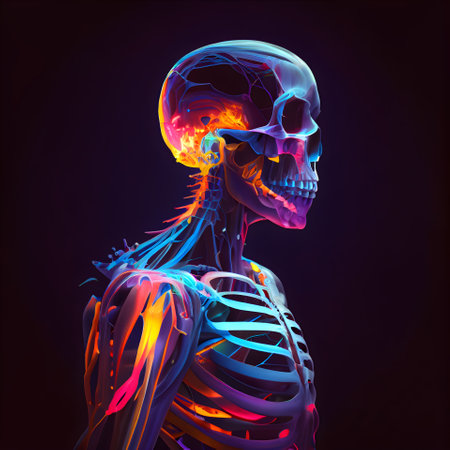 Human Skeleton Anatomy; 3D Illustration of Human Skeleton Skull with Colorful Bones and Bonesの素材