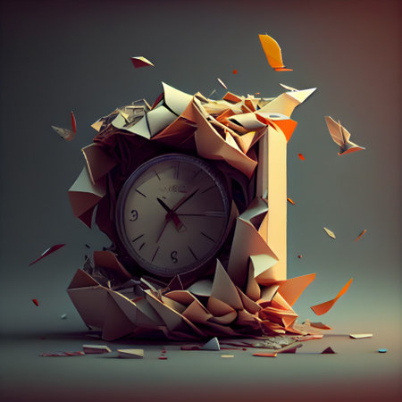 Alarm clock and broken paper. Time concept. 3D Renderingの素材