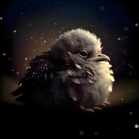 Little bird in a snowy forest at night. Digital painting. 3D illustration.の素材