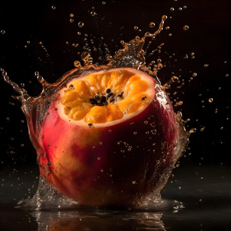 Water splash with orange and pomegranate isolated on white backgroundの素材