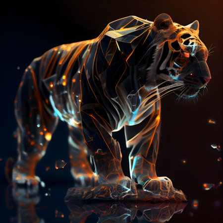 3d rendering of a tiger with a polygonal body on a dark backgroundの素材