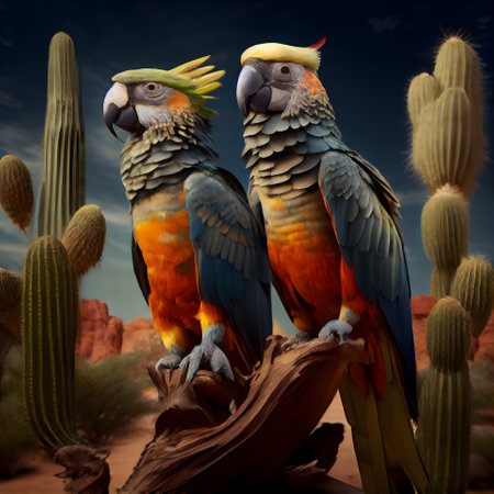 Two macaws sitting on a log in the desert with cactusesの素材