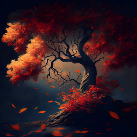 Autumn tree with red leaves in the forest. Digital painting.の素材