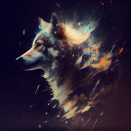 Abstract portrait of a wolf with splashes of paint on a black backgroundの素材