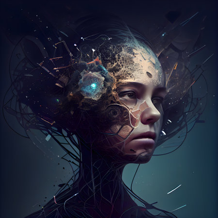 3d rendering of a female face with abstract particles in her hairの素材