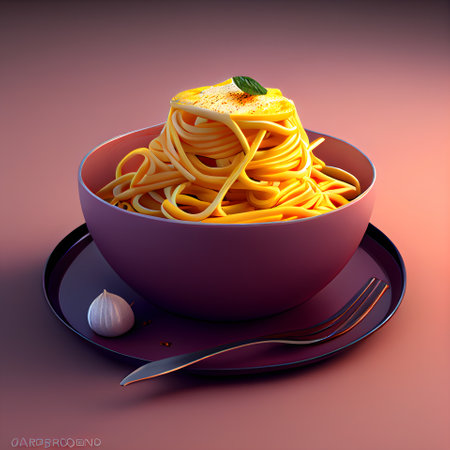 Spaghetti carbonara in a white bowl with cream on a dark backgroundの素材