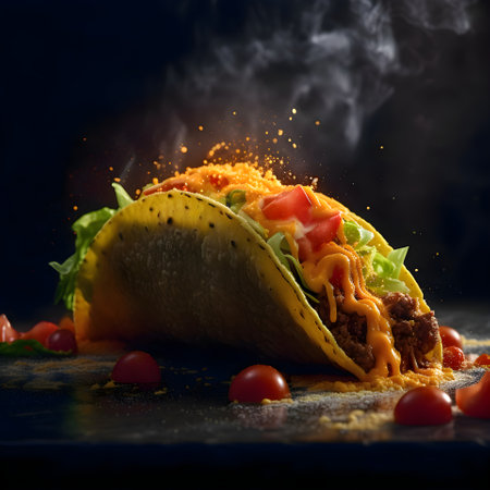 Tacos with meat; cheese and vegetables on a black backgroundの素材