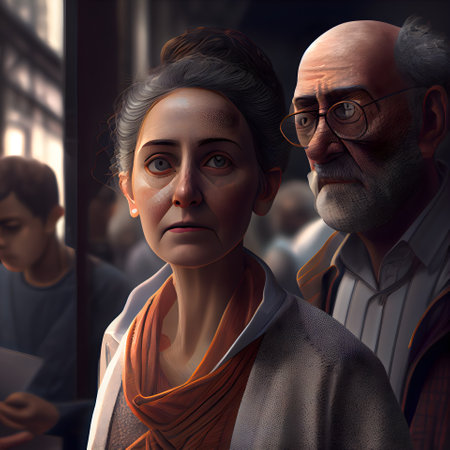 3d rendering of an old man and a woman in a museumの素材