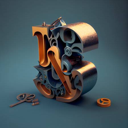 Mechanical alphabet made of metal on blue background. 3d illustrationの素材
