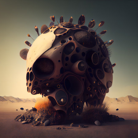 3D rendering of a monster in the desert with planet earth.の素材