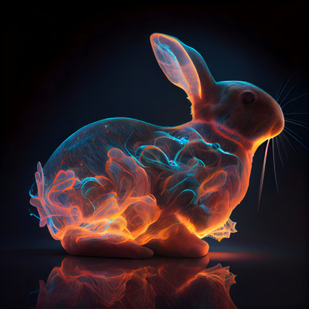 Rabbit and fire on a dark background. 3D illustration.の素材