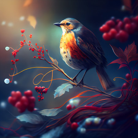 bird on a branch of a rowan with berries on a dark backgroundの素材
