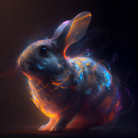 Digital Illustration of a Rabbit with Glowing Lights in the Backgroundの素材