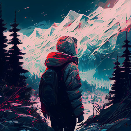 Man in a raincoat in the mountains. Winter landscape. illustration.の素材