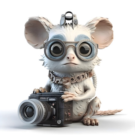 3D rendering of a cute little mouse with glasses and a cameraの素材