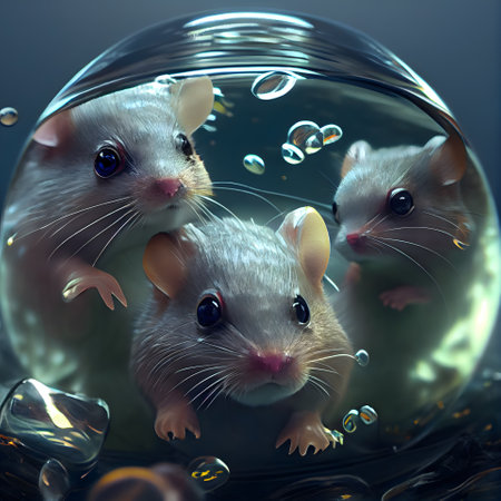 Three mice in a round glass aquarium. 3d illustration. Close-up.の素材