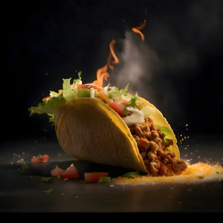 tacos with meat and vegetables on a black background with smokeの素材