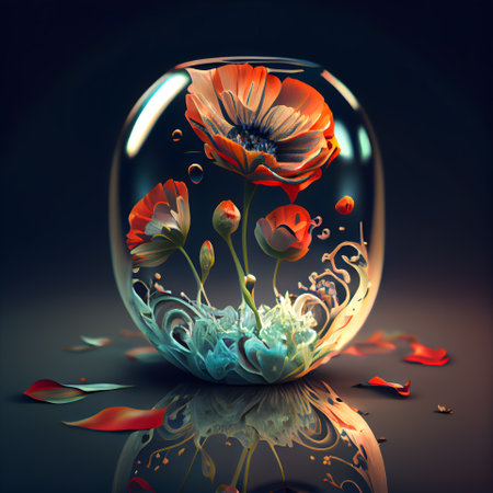 Beautiful abstract flower in a glass vase on a dark backgroundの素材